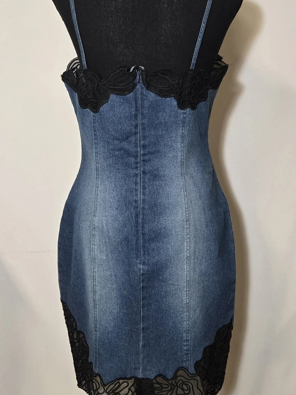 Basix II, Blue Denim Jacket & Skirt Set with Black Lace Trim